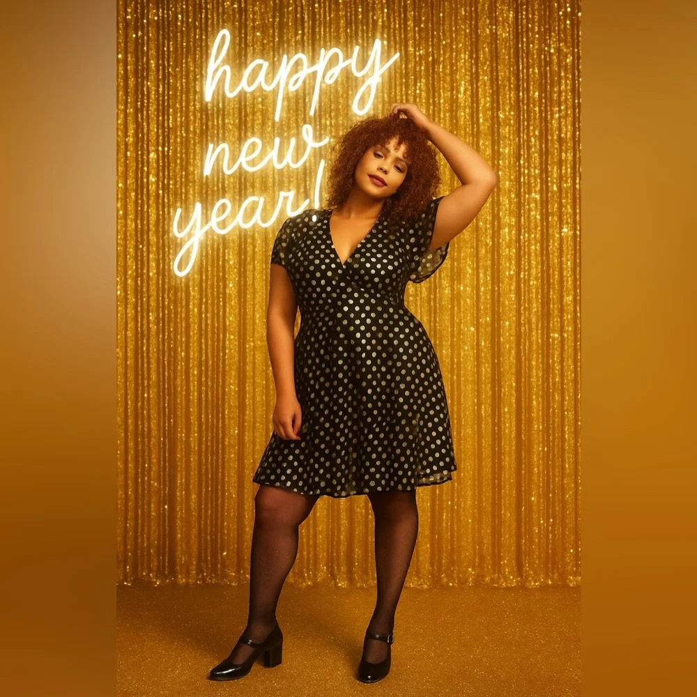 Torrid Black Polkadot Gold Flutter Sleeve Mini Dress, Large, NWT! - Picture 2 of 16